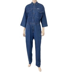 Ideas Jumpsuit Women Large Blue 3/4 Sleeve Snap Down Collar Denim VTG